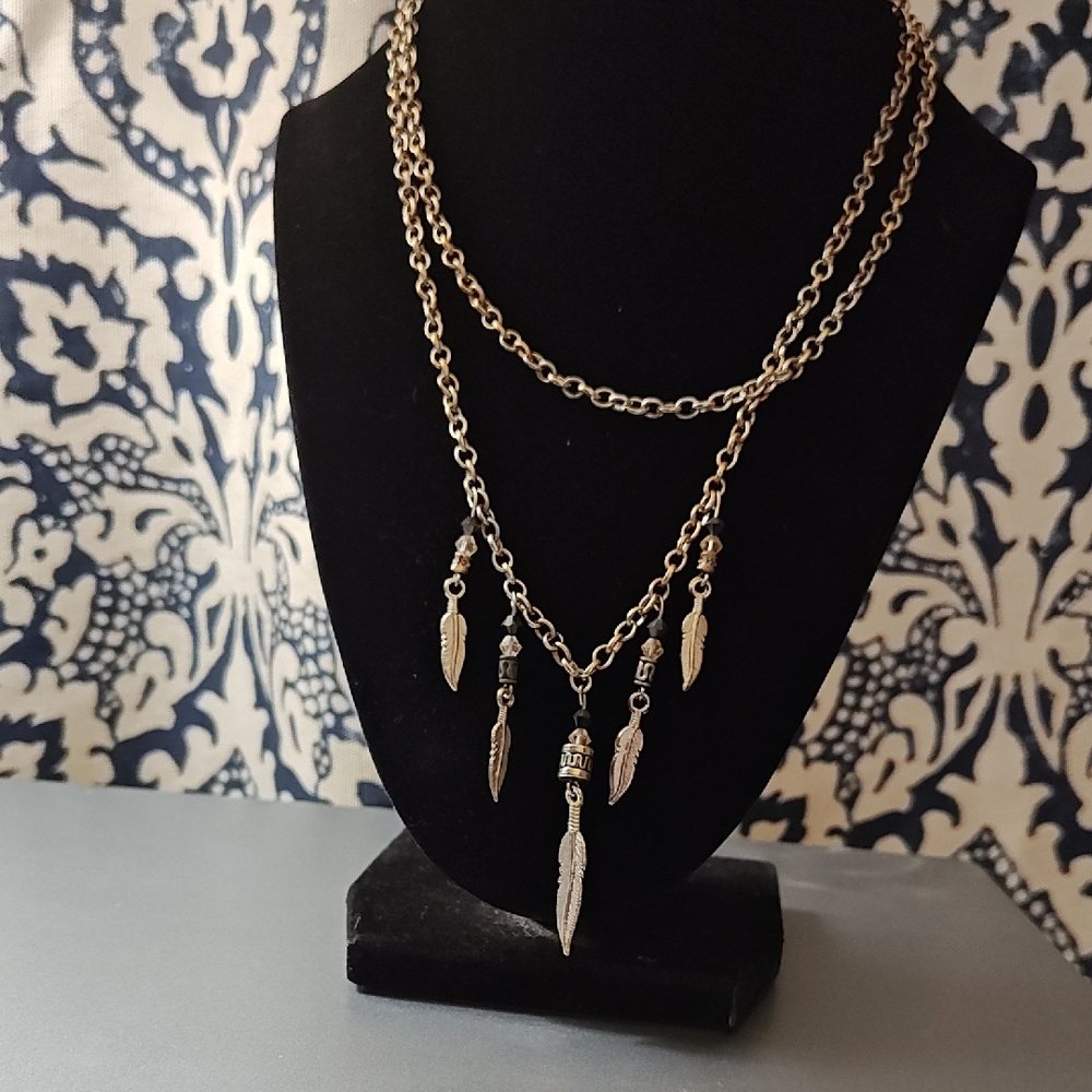 Silver Tone Layered Feather Charm Necklace for Women - Fashion Jewelry